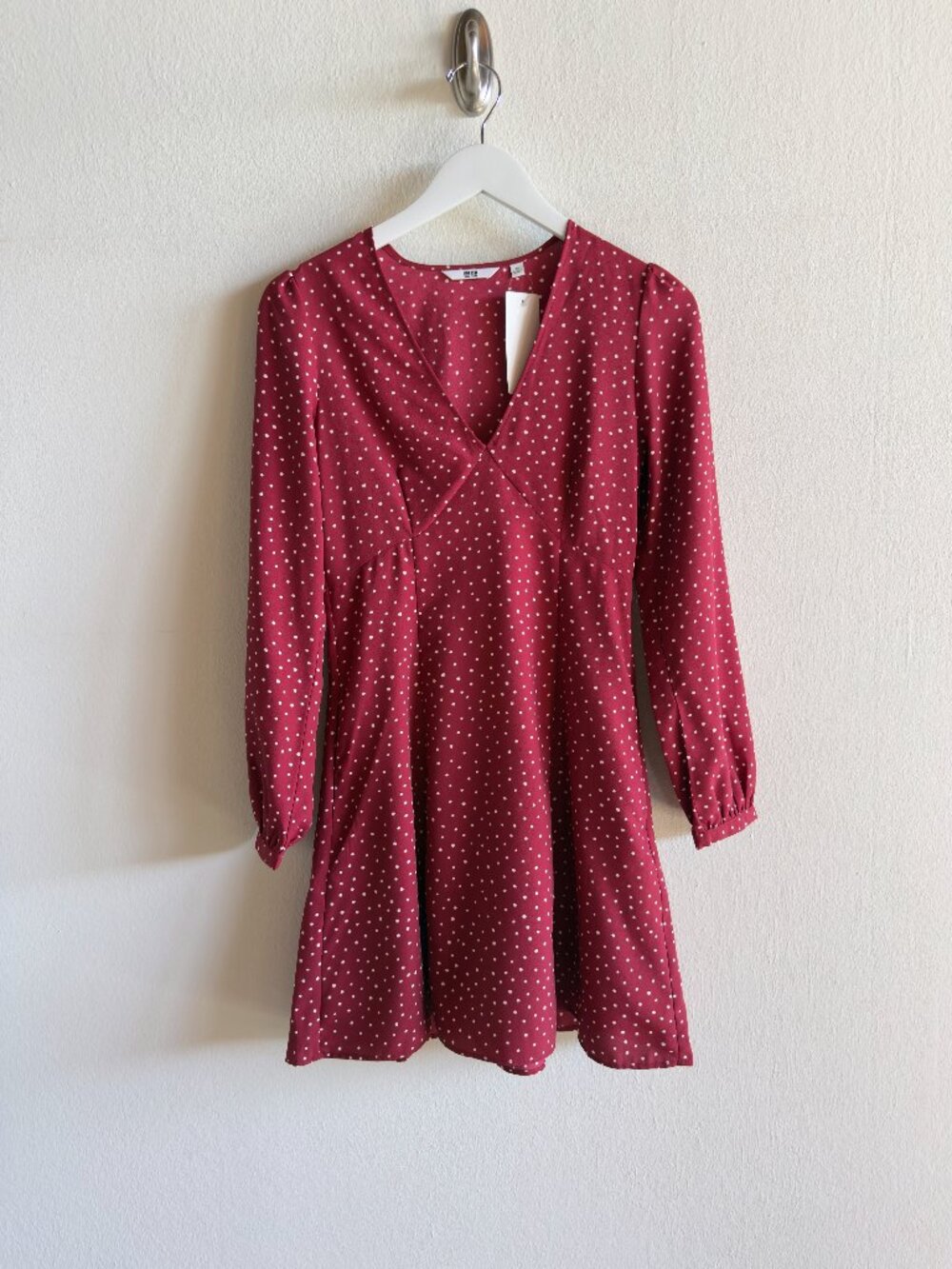 UNIQLO Printed V-Neck Long Sleeve Mini Dress Women's Size X-Small Red Polkadot